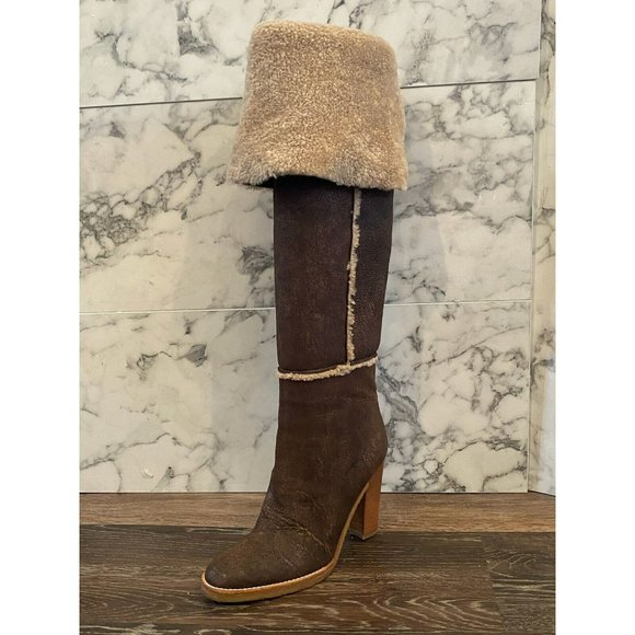 MICHAEL KORS Chocolate Brown Leather & Shearling Fold-Over Knee High Boots - 8.5 - Picture 1 of 10